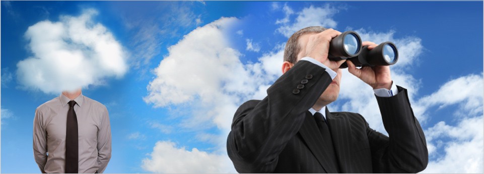 Business man with binoculars looking for cloud solution services