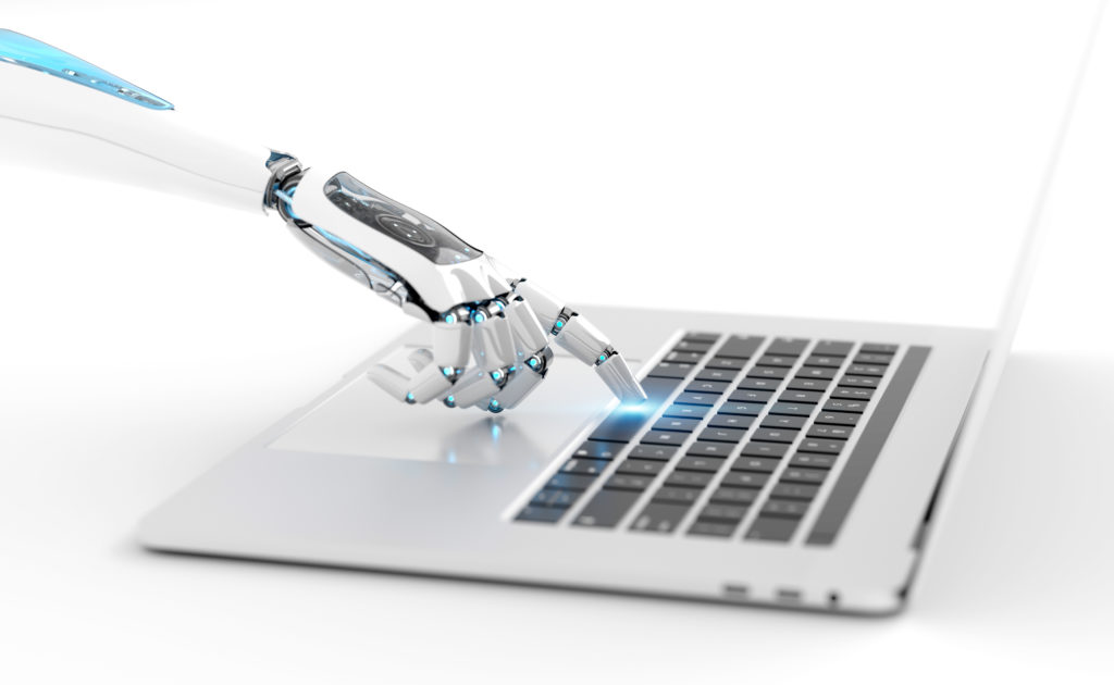 White robot cyborg hand pressing a keyboard on a laptop 3D rendering