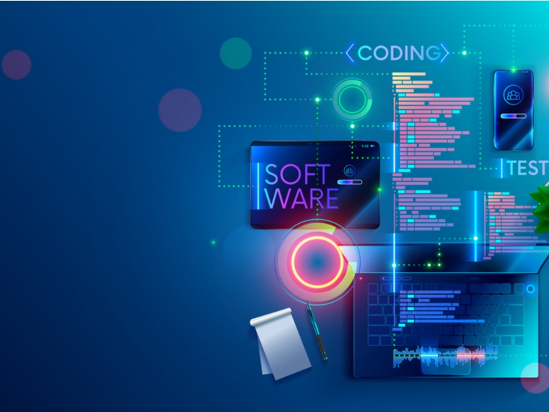Techy software development graphic, laptop, coding on blue background